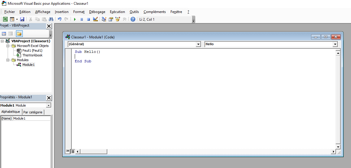 Interface de l‘éditeur VBA avec le code de la macro « Hello »