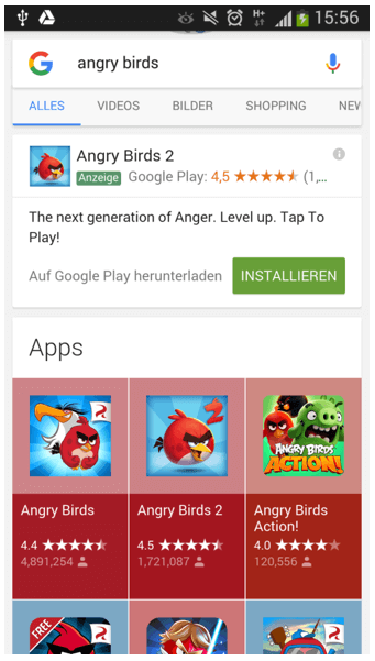 Angry Birds apps dans le SERP Google