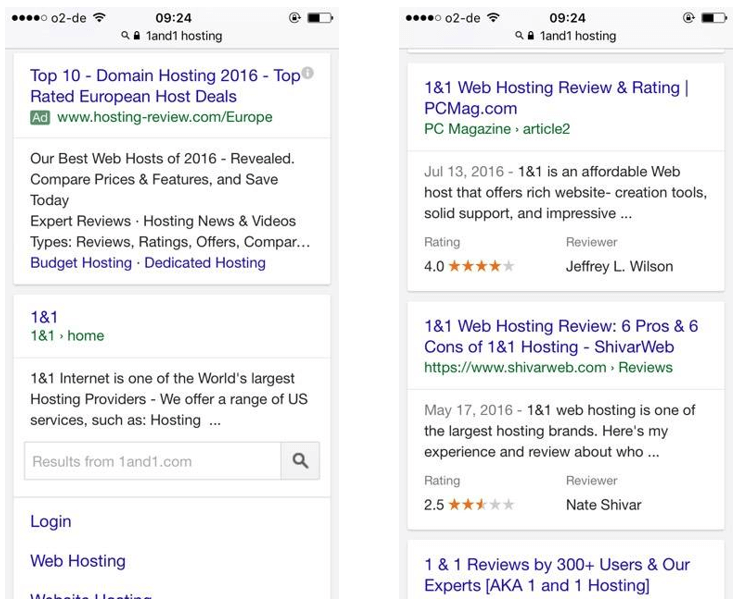La recherche Google sur mobile avec les publicités (à gauche) et les résultats standards (à droite)
