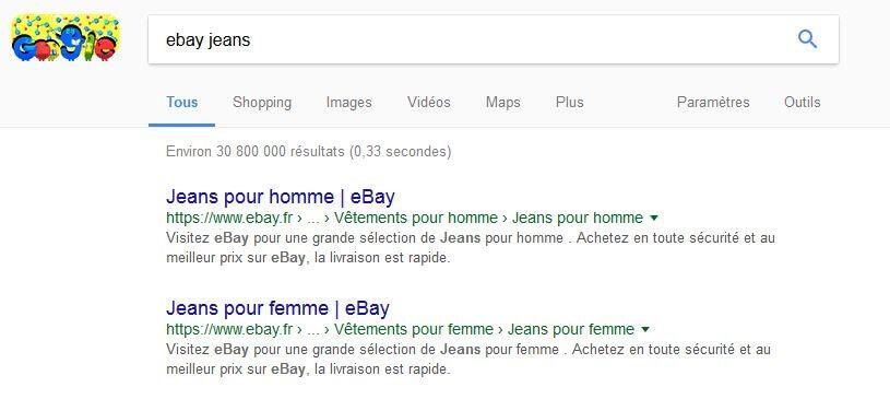 Capture d’écran d’une recherche Google avec le mot clef « ebay jeans »