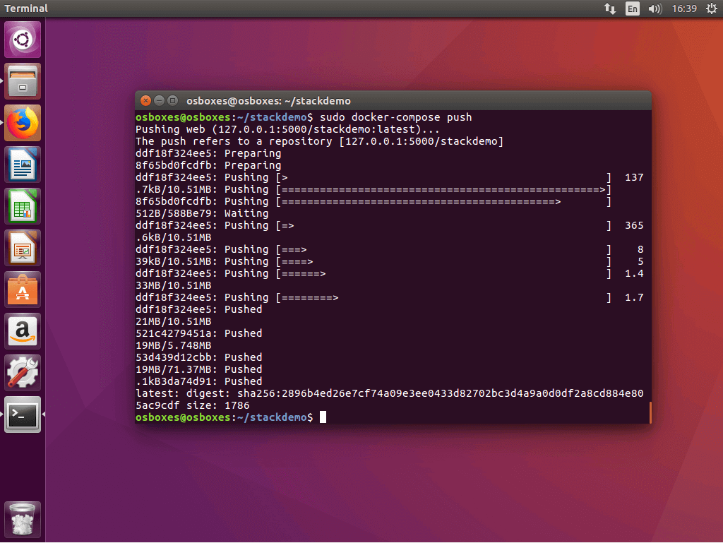 La commande « docker-compose push » dans le terminal Ubuntu