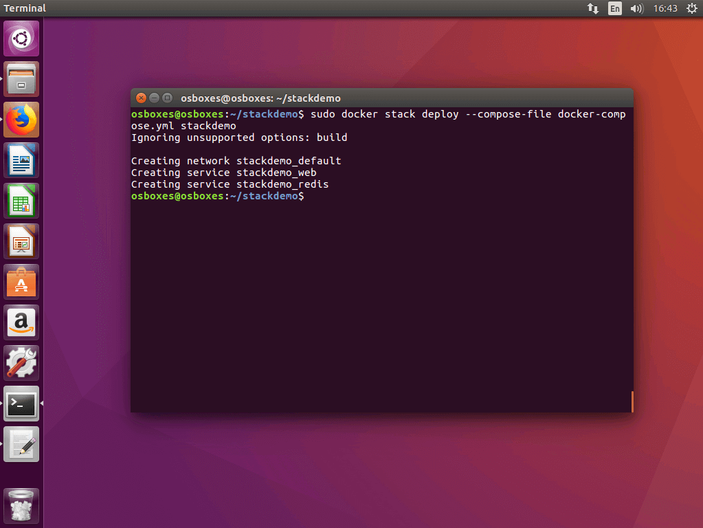 La commande « docker stack deploy » dans le terminal Ubuntu