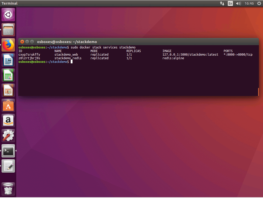 La commande « docker stack services » dans le terminal Ubuntu