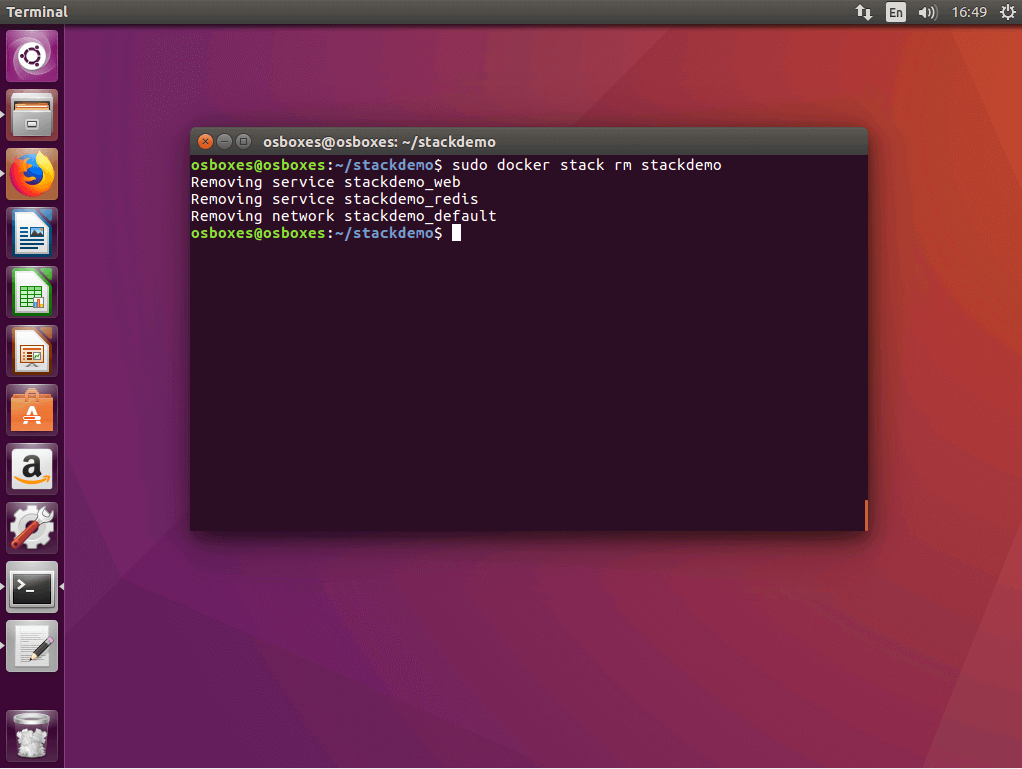 La commande « docker stack rm » dans le terminal Ubuntu