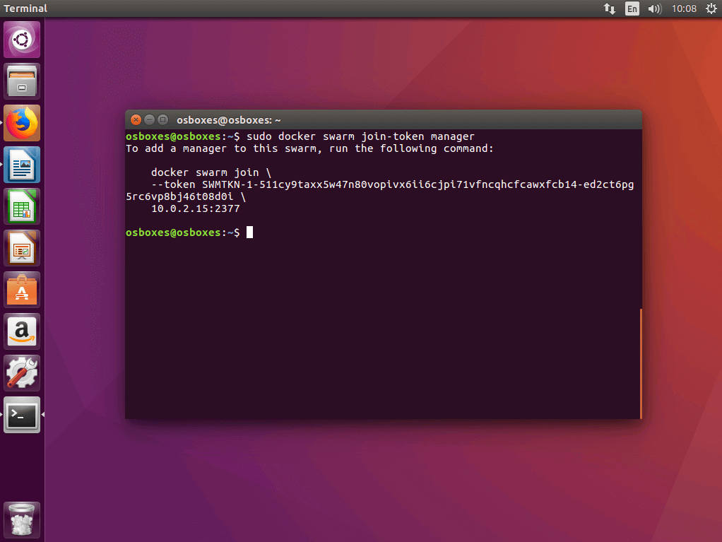 la commande « docker swarm join-token manager » dans le terminal Ubuntu
