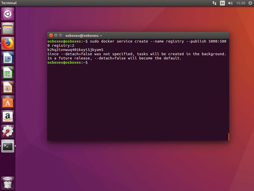 La commande « docker service create » dans le terminal Ubuntu