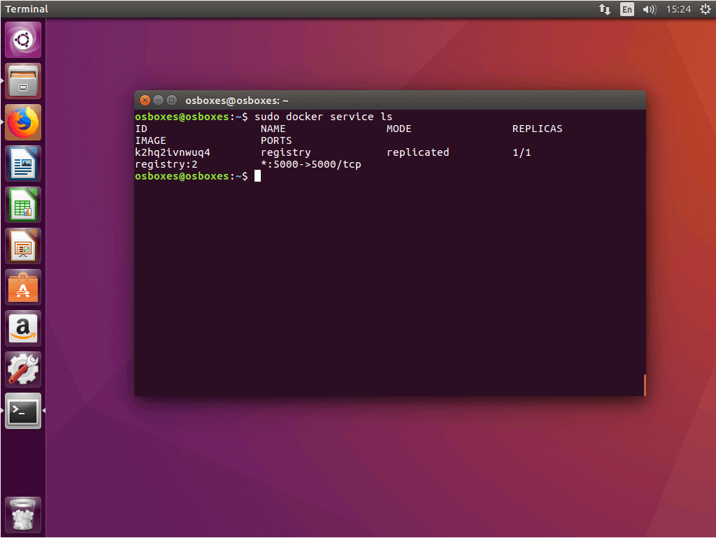 La commande « docker service ls » dans le terminal Ubuntu