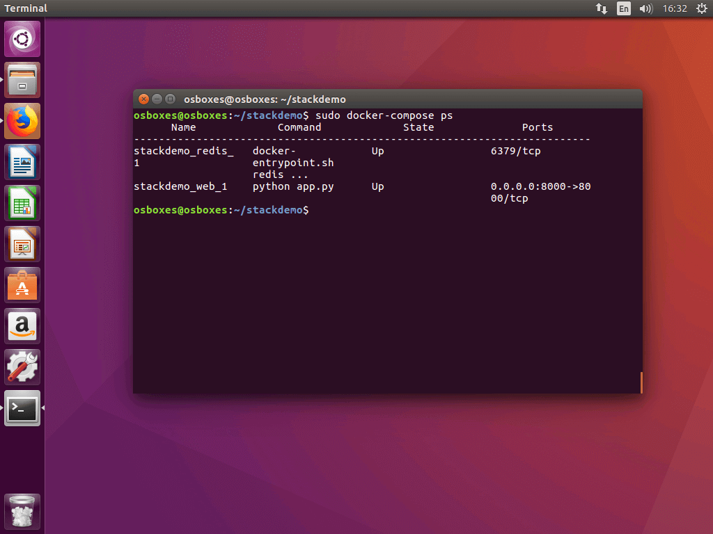 La commande « docker-compose ps » dans le terminal Ubuntu