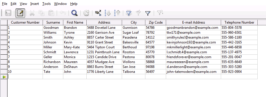 Exemple de base de données de clients contenue dans LibreOffice Base