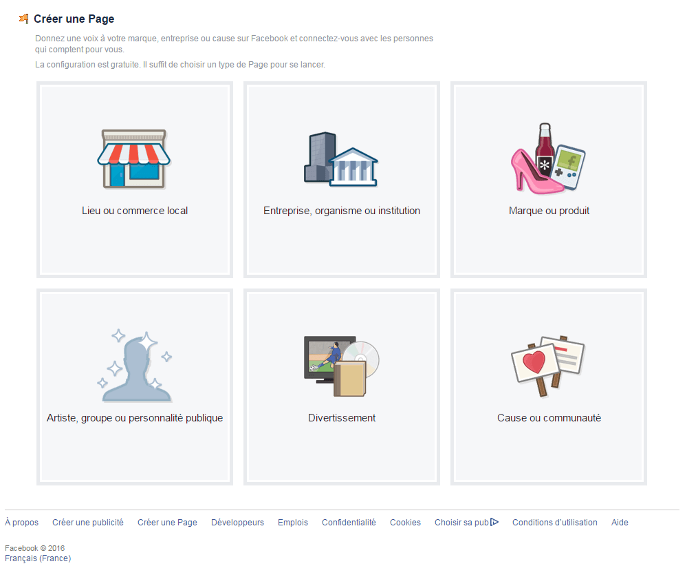 « Créer une page » sur Facebook