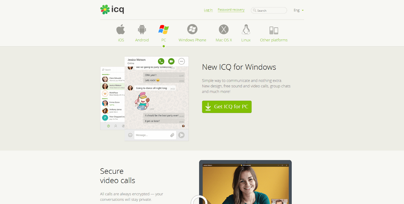 Capture d’écran de la page d’accueil d’ICQ