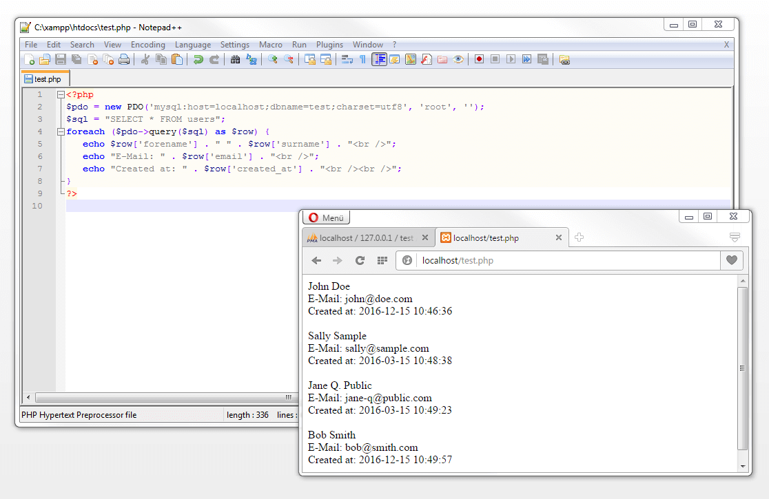 Script PHP avec Statement SQL incluant des valeurs de code et la lecture sur navigateur via localhost