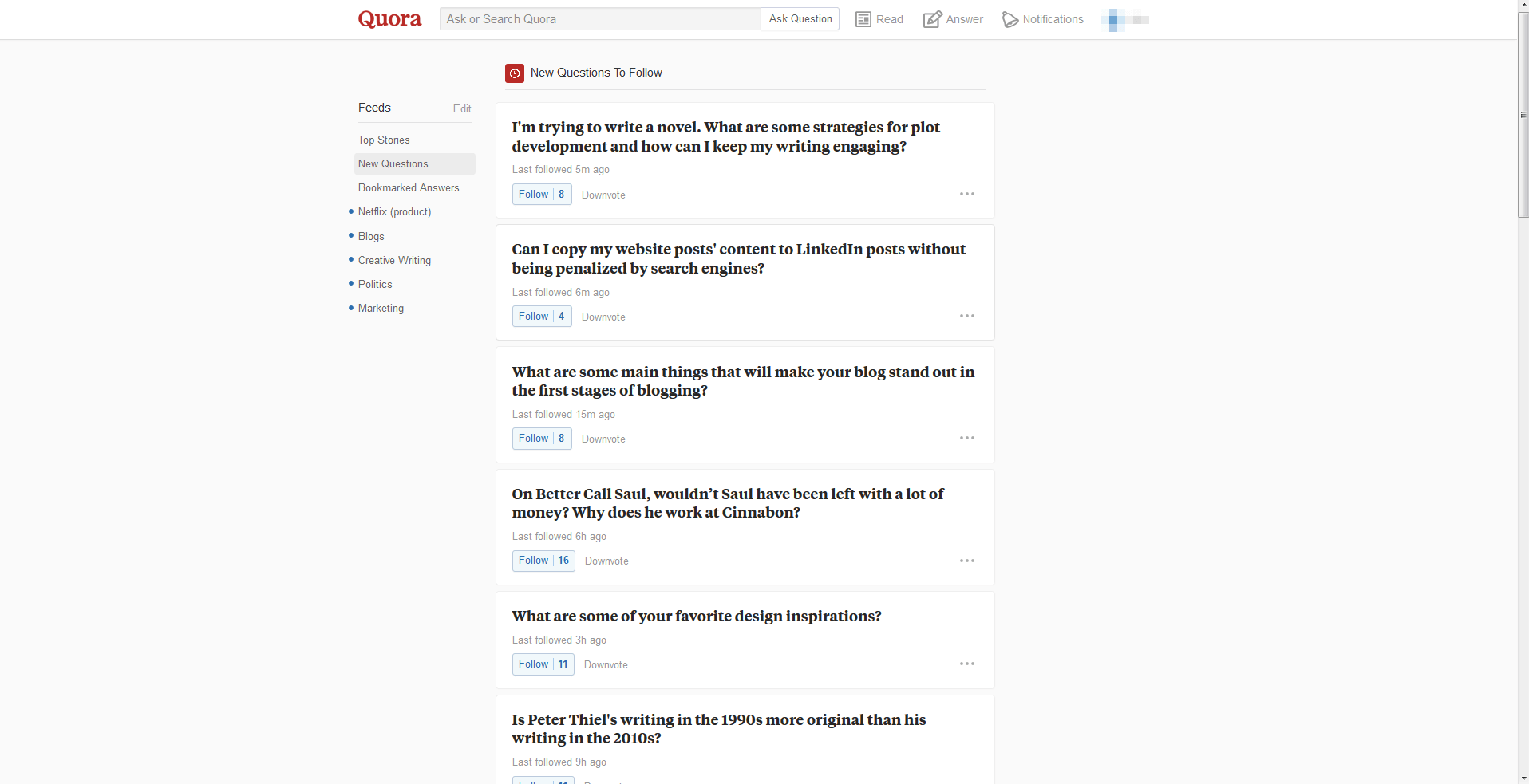 Page d’accueil des questions de Quora