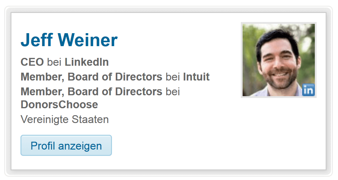 Le widget profile member LinkedIn avec Jeff Weiner.