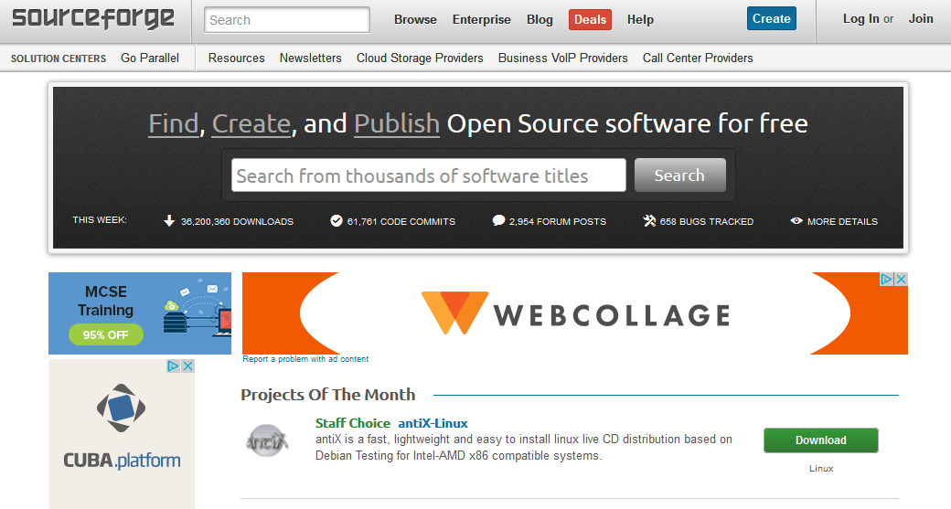 Page d‘accueil de SourceForge