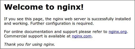 Message de bienvenue confirmant l'installation réussie de NGINX