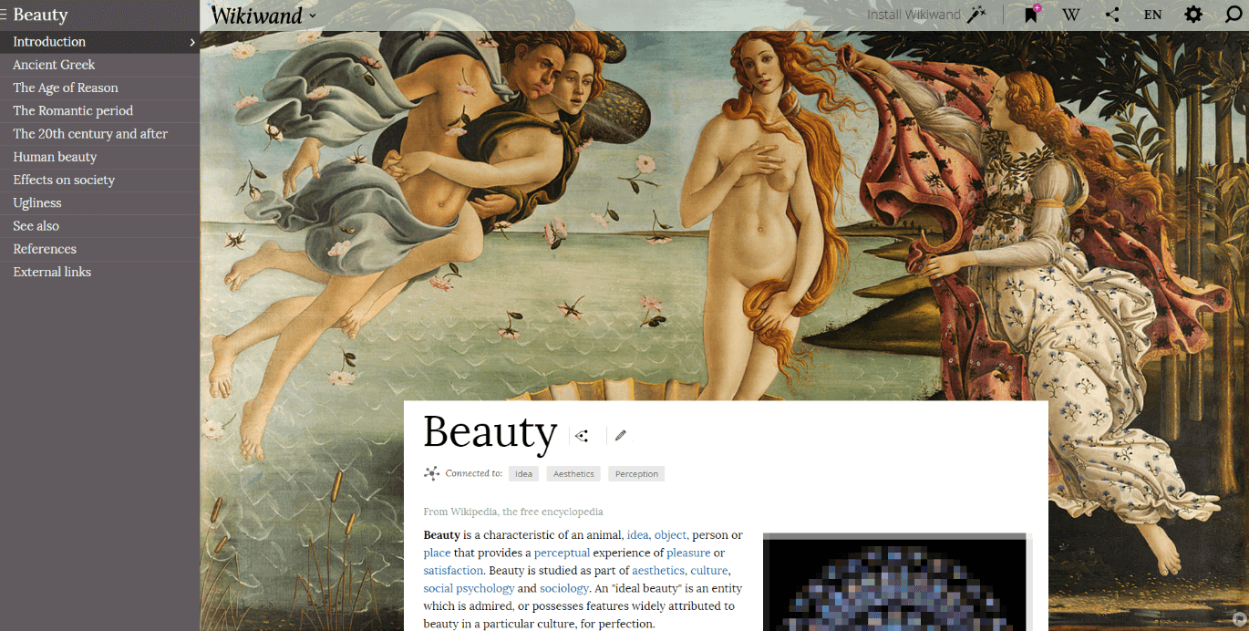 Exemple d’un article de Wikiwand sur la beauté (beauty).