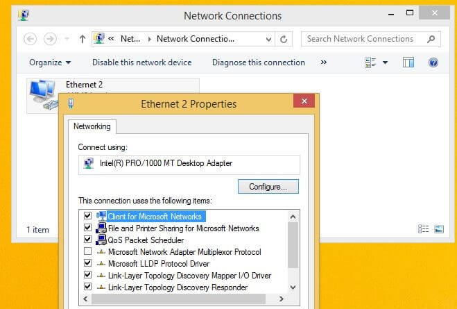 Fenêtre de Windows 8 avec les propriétés de la connexion réseau sélectionnée