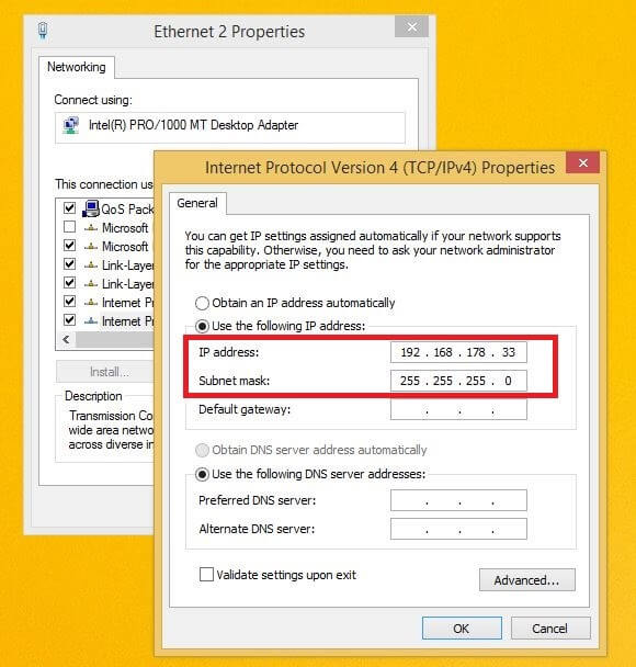 Menu Windows 8 pour le protocole Internet IPv4, attribution d’adresses manuelle