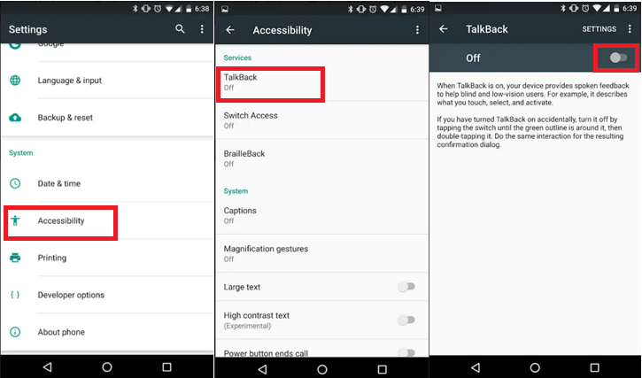 TalkBack dans les paramètres système d'Android