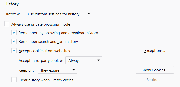 Firefox : réglages de l’historique et des cookies.