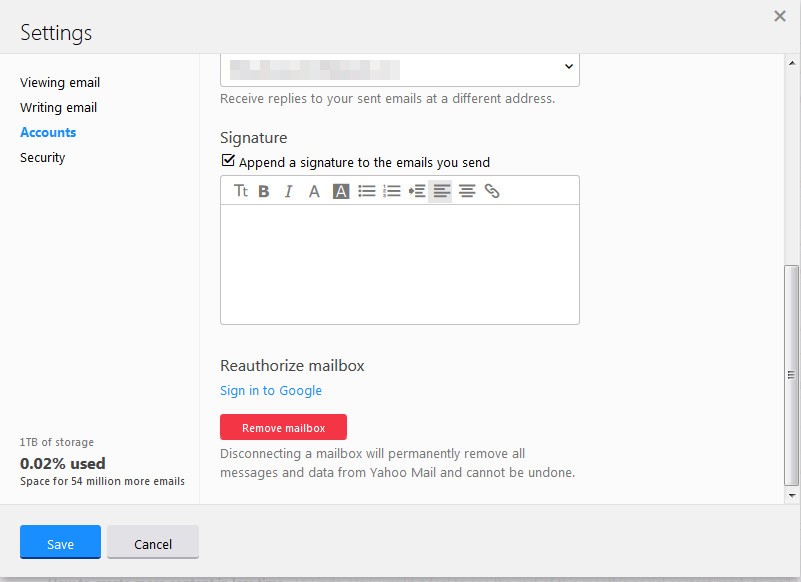 Section d’une capture d’écran des paramètres du compte Yahoo Mail, montrant les options de signature.