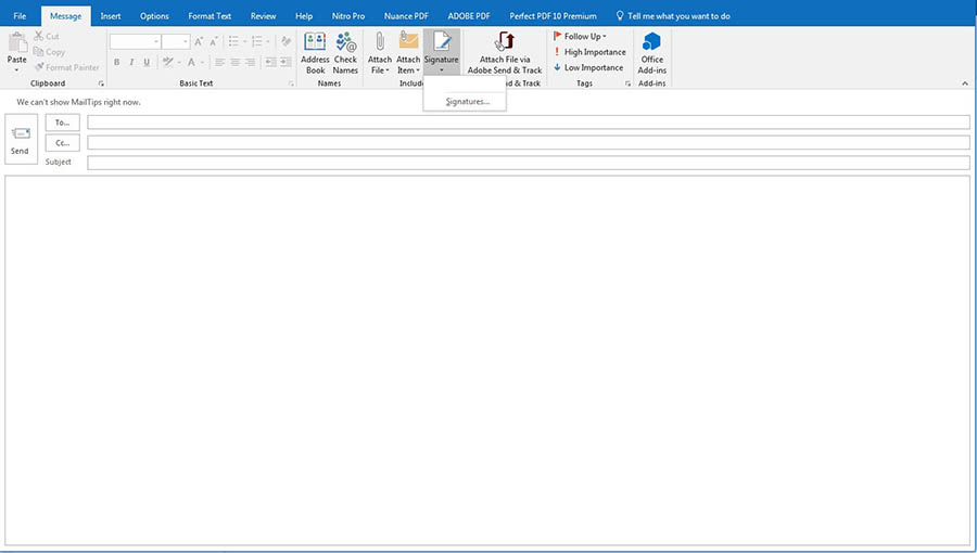 Capture d’écran d’un message vide dans Outlook en sélectionnant l’onglet « Signatures »