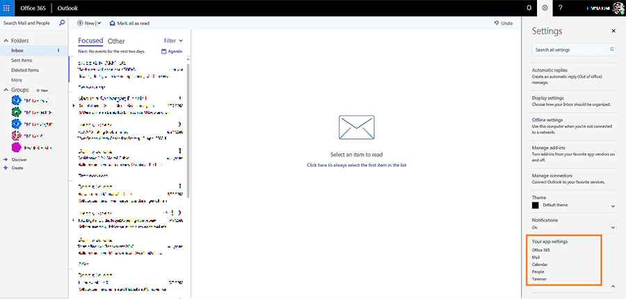 Capture écran des paramètres du menu déroulant dans l’application Web Microsoft Outlook