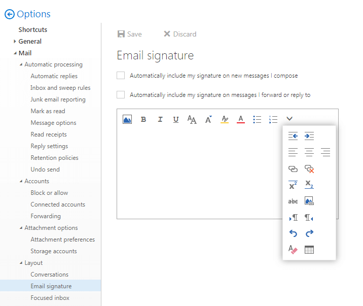 Capture d’écran de l’éditeur de signature d’email dans l’application Web Outlook
