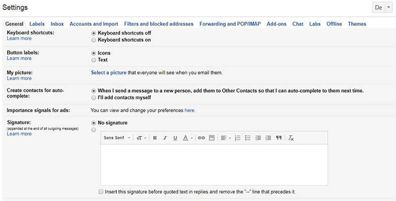 Section d’une capture d’écran des paramètres généraux dans Gmail, montrant les options de signature