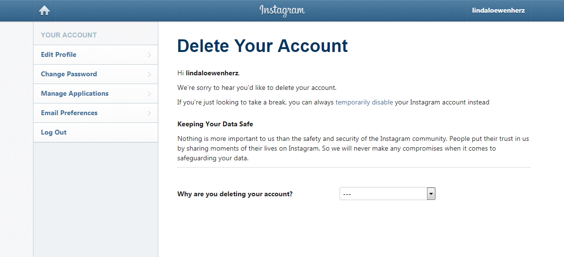 Paramètres de compte pour supprimer un compte Instagram définitivement