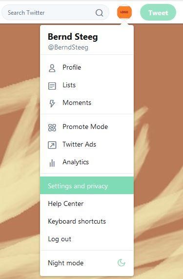 Application Web Twitter : menu « Paramètres et confidentialité »