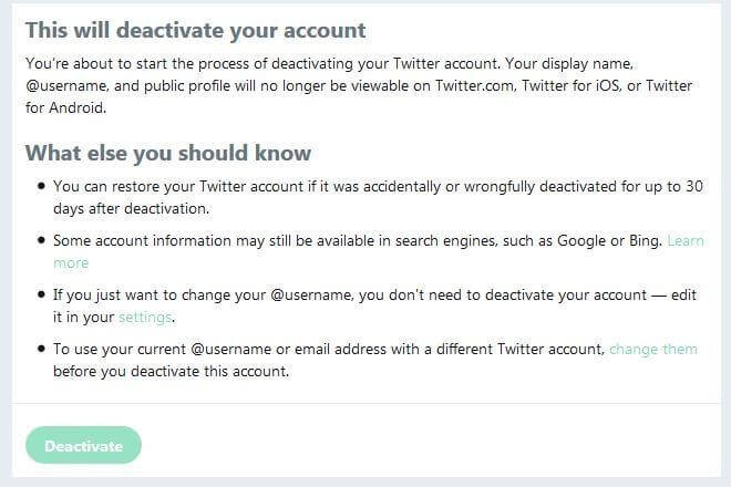 Message d’avertissement concernant la suppression d’un compte Twitter