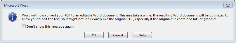 Informations lors de la conversion d'un PDF en document Word