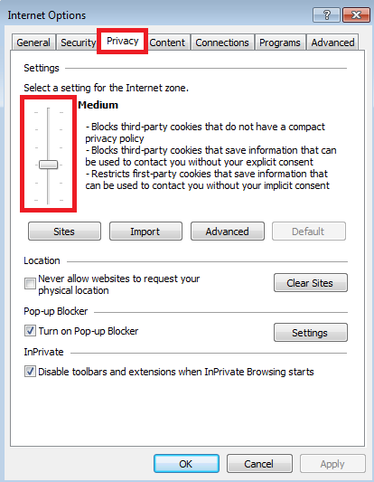 Internet Explorer : fenêtre Options Internet et Paramètres des cookies.