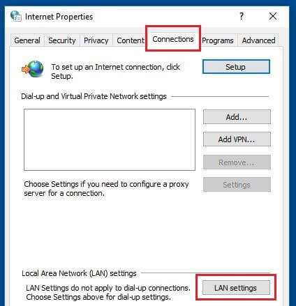 Onglet « Connections » dans les options Internet de Windows 10.