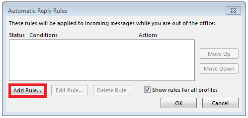 Fenêtre pour définir des règles pour les réponses automatiques dans Outlook
