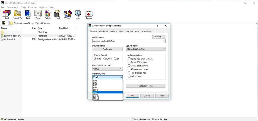 le menu de l'interface utilisateur WinRAR pour la définition des noms et des paramètres d'archive