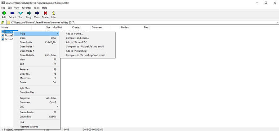 Interface utilisateur de 7-Zip avec le menu contextuel ouvert et un sous-menu