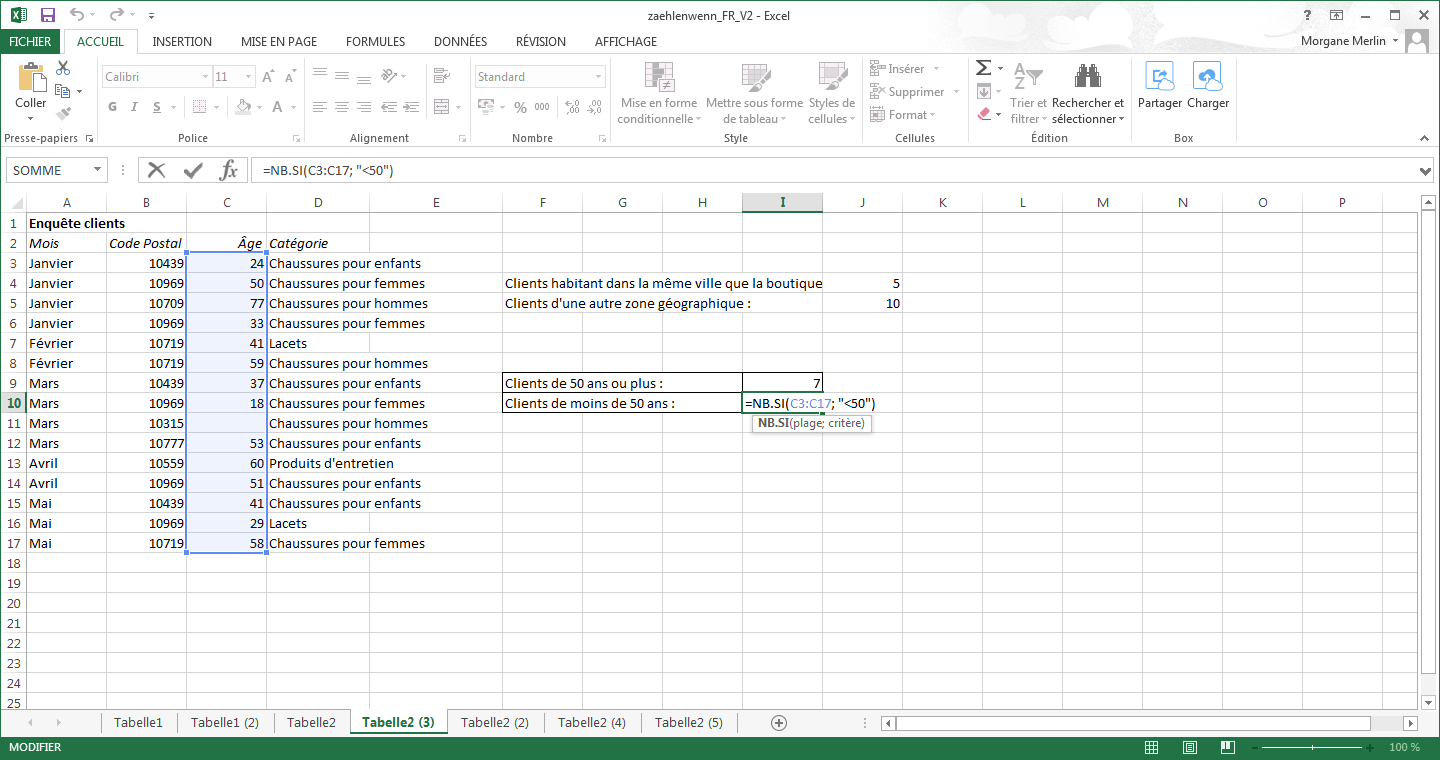 Tableau Excel avec un signe supérieur ou inférieur à dans la fonction NB.SI.