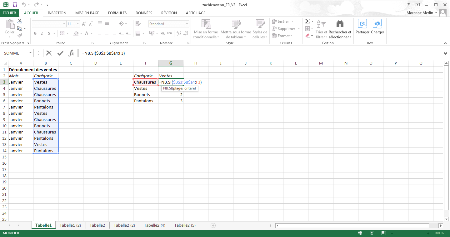 Tableau Excel avec la fonction NB.SI.