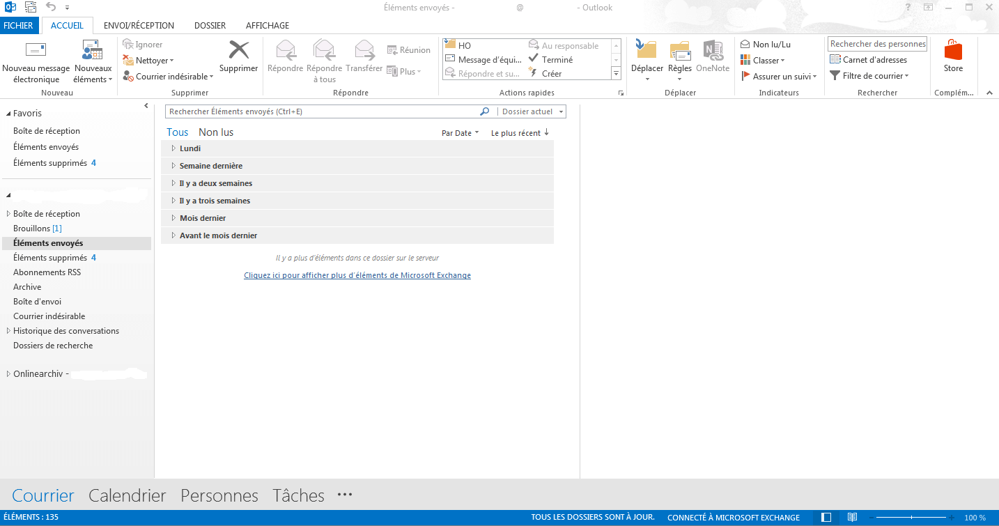 Outlook 2013 sous Windows 7 : le dossier « Éléments envoyés »