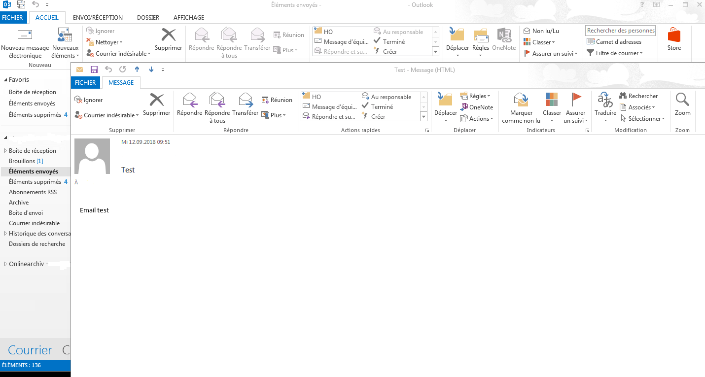Outlook 2013 sous Windows 7 : message envoyé dans une nouvelle fenêtre