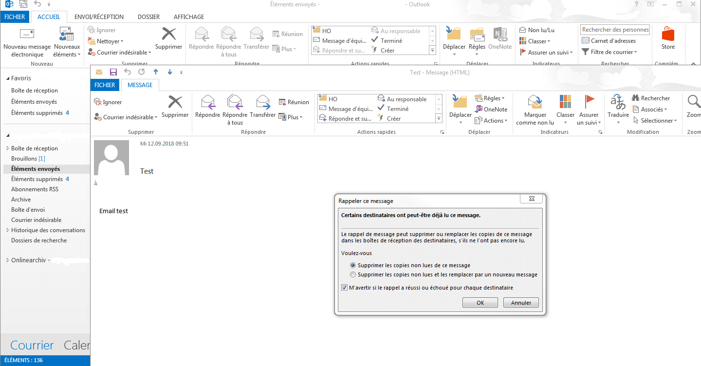 Outlook 2013 sous Windows 7: choix du menu de la fonction de rappel