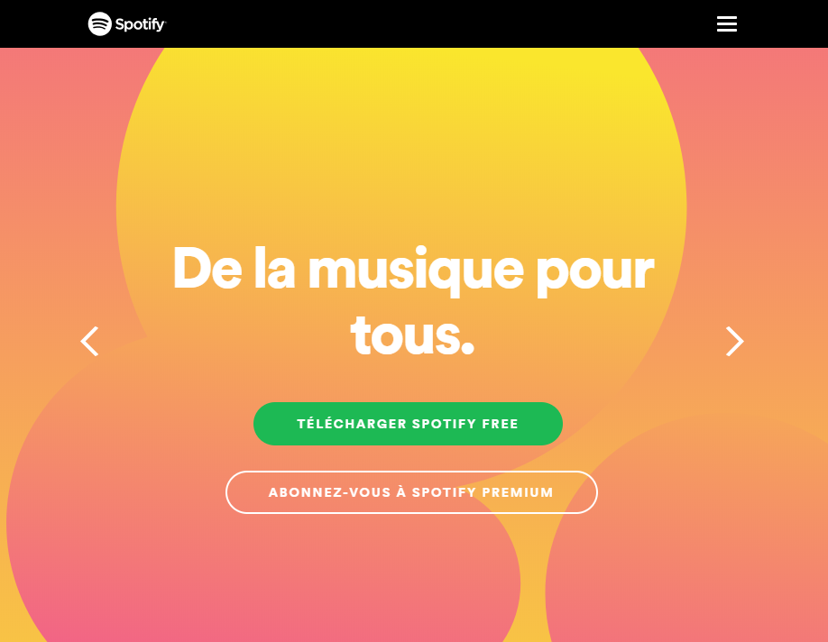 Exemple de page d’accueil avec des boutons d’appel à action chez le fournisseur de musique Spotify