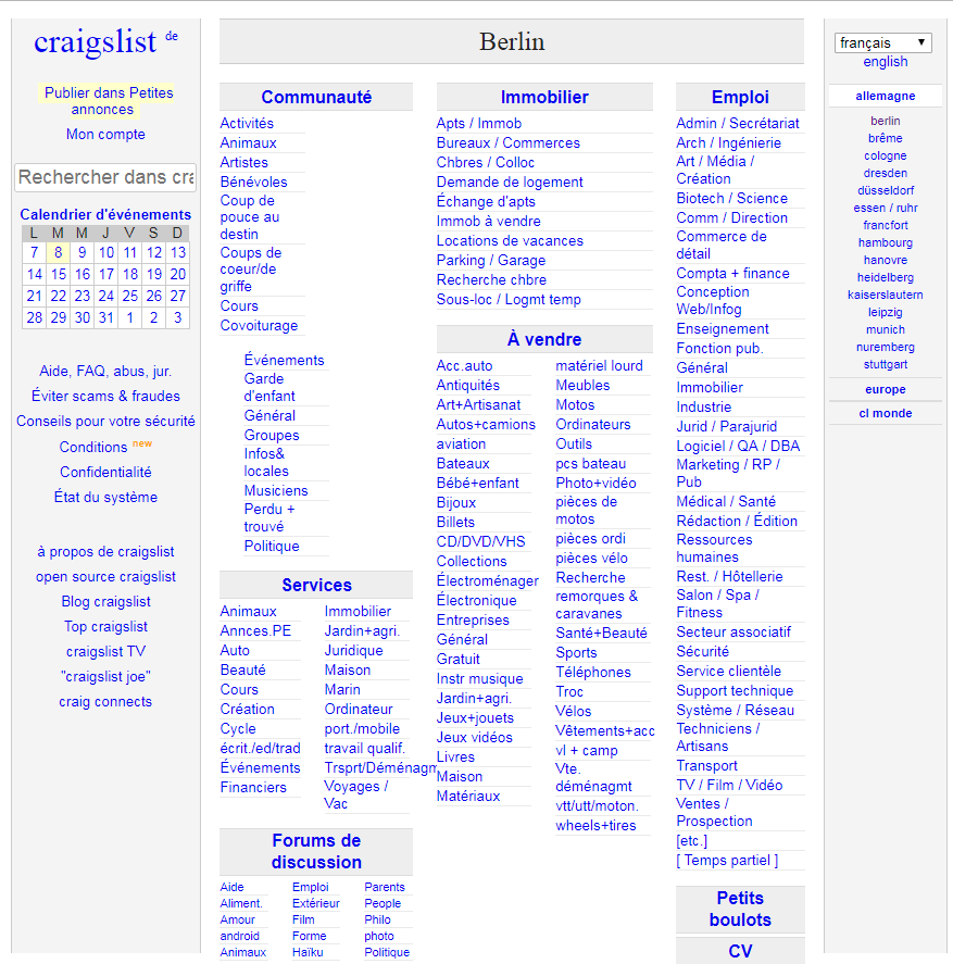 page d’accueil du portail de recherche Craigslist