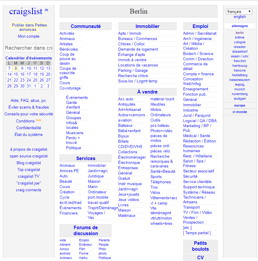 page d’accueil du portail de recherche Craigslist page d’accueil du portail de recherche Craigslist