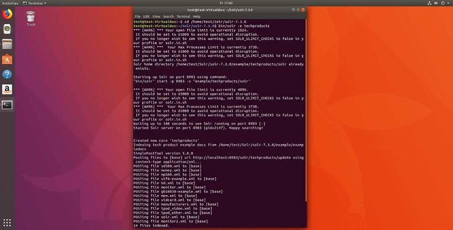 Sous Ubuntu 17, "bin/solr -e techproducts" démarre une démo avec les données et configurations par défaut