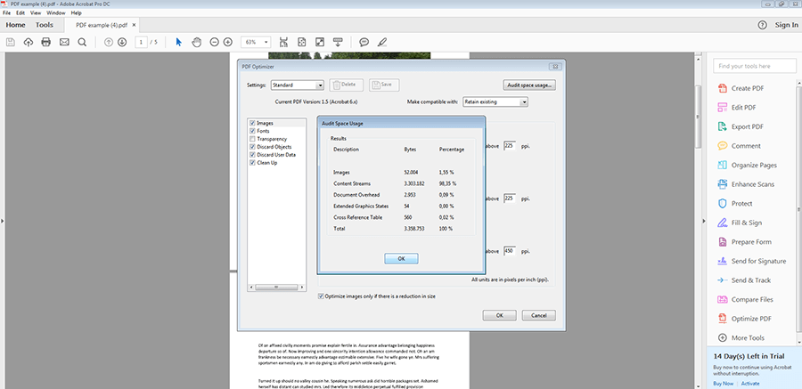 Fenêtre d’Adobe Acrobat Pro DC : « Audit space usage »