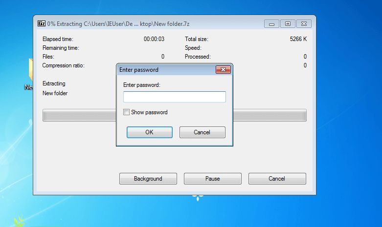 Capture d’écran de la saisie du mot de passe de 7-Zip sous Windows